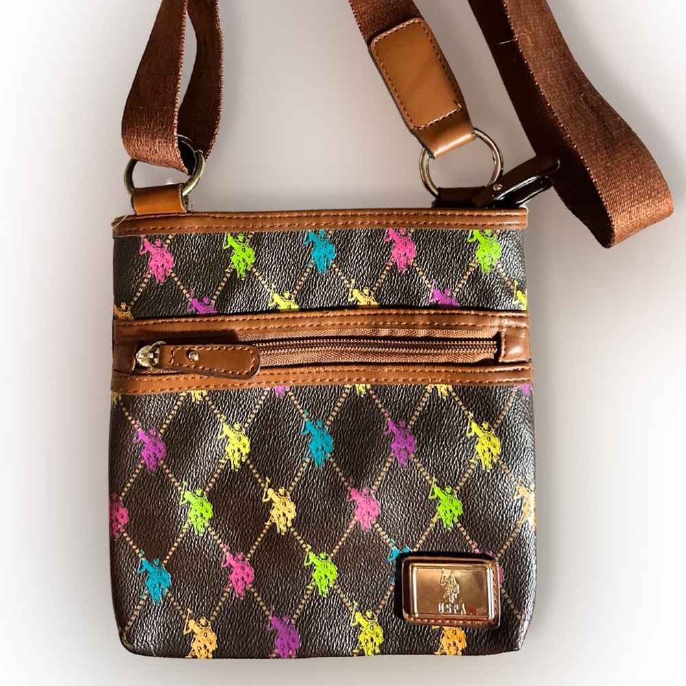 Brown Crossbody Bag Equestrian Multi Color Polo Players Suede Strap Horses